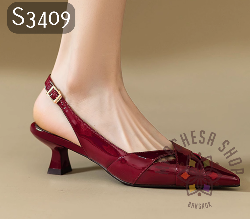 S3409 - 羊漆皮鏤空一字帶尖頭低踭涼鞋