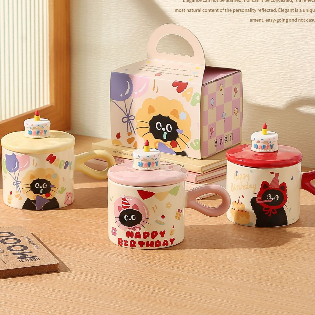 Cute Cat "Happy Birthday" Lidded Mug
