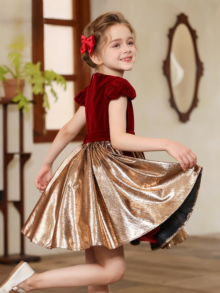 酒紅光澤及膝鋼琴生日表演禮服裙