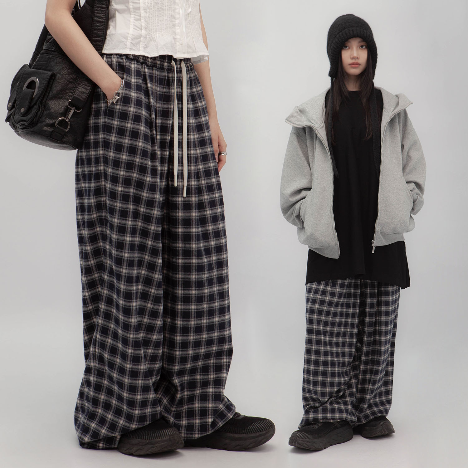 格紋垂墜感抽繩寬褲(in stock)