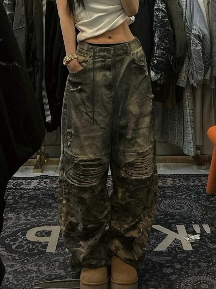 星星布拼仿污牛仔鬆身褲 SUB-031P