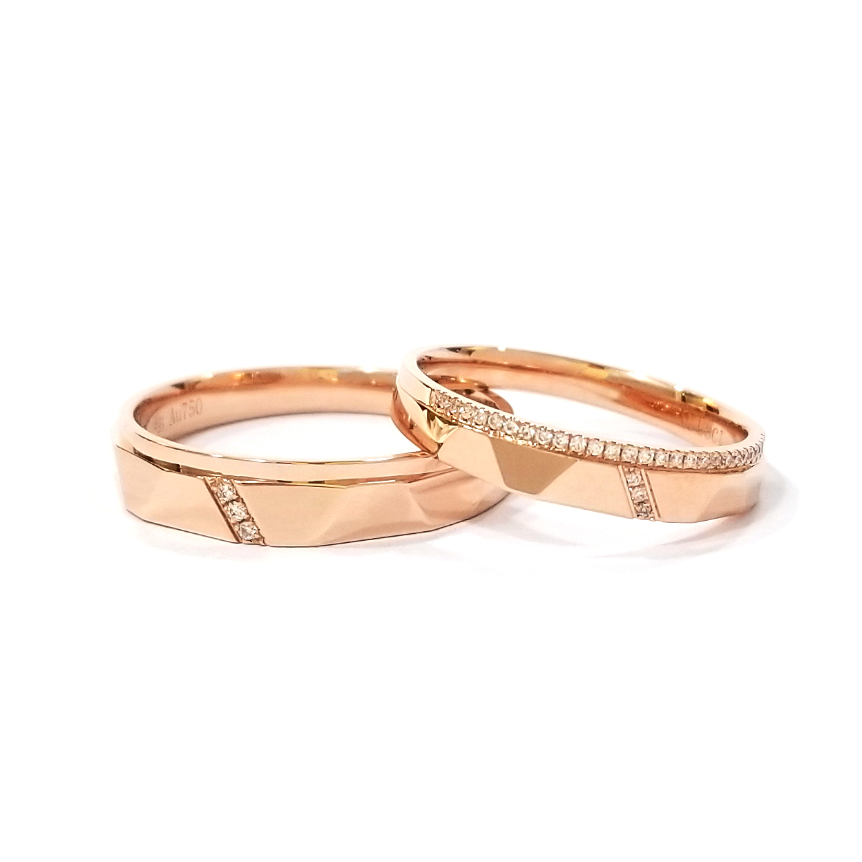 18K玫瑰金天然鑽石方角型格對戒