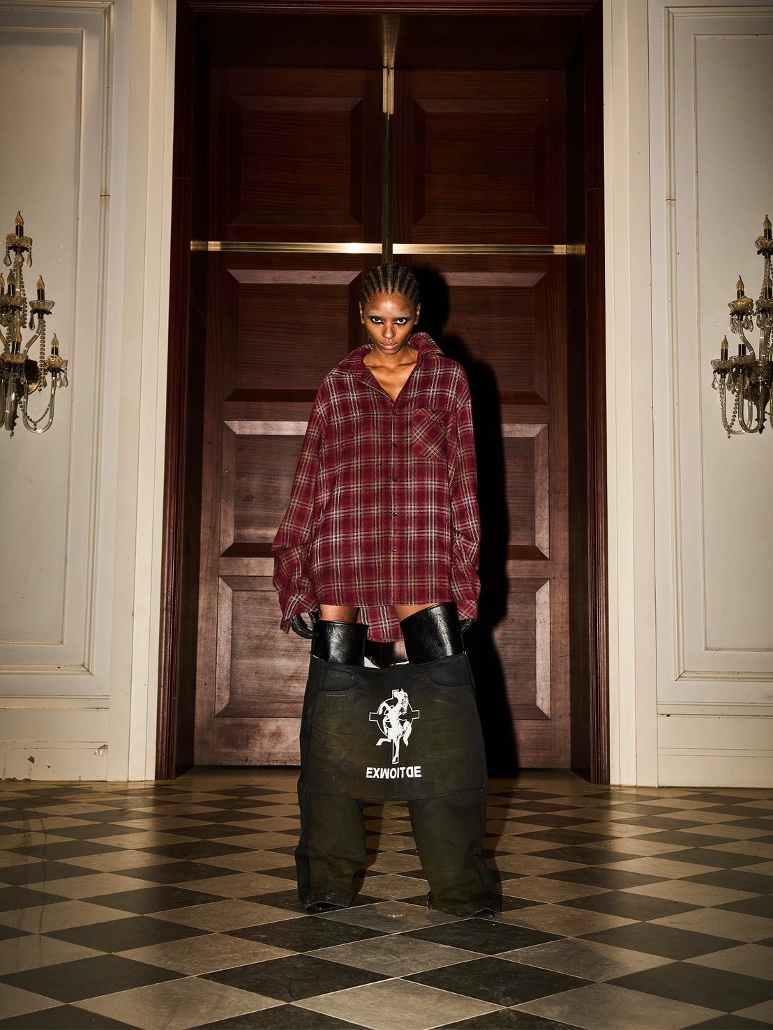 BLINDNOPLAN 水洗做舊 皮革貼布十字戰馬 格紋襯衫 長袖