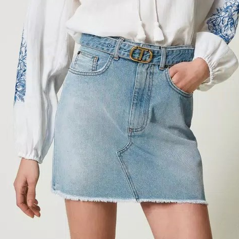 1TS0402-157 TWINSET Denim Miniskirt with Oval T Belt Blue #241TT2391 (C-EU-E)