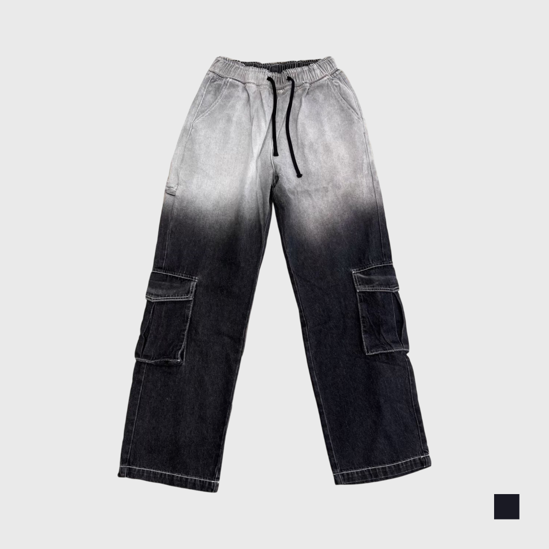 水洗漸層工裝牛仔寬褲