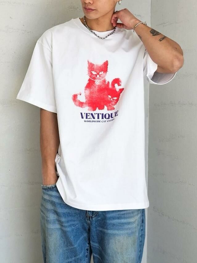 貓仔圖案英文字短袖Tee VENTIQUE-042T