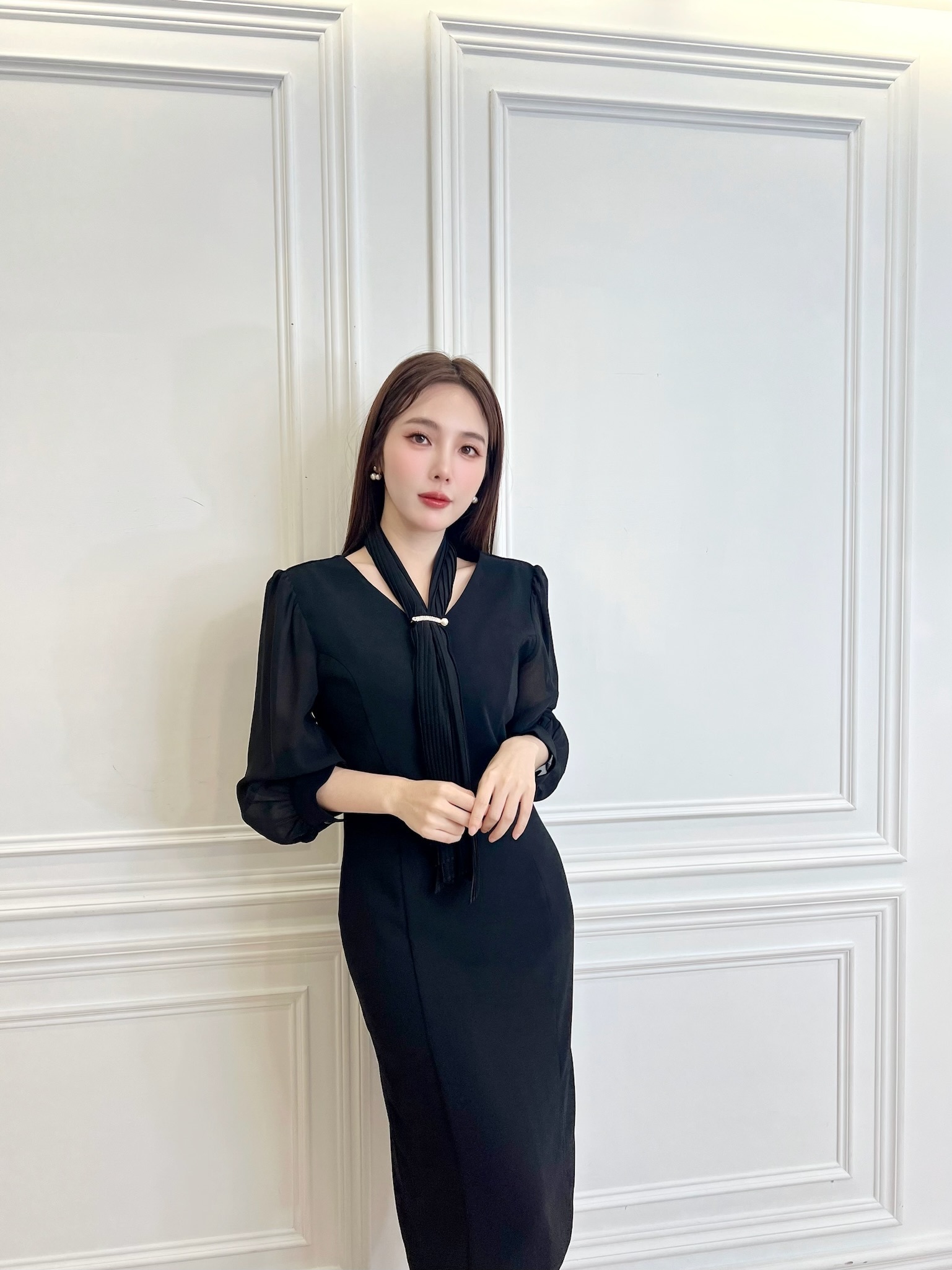 珍珠百褶領巾透膚袖洋