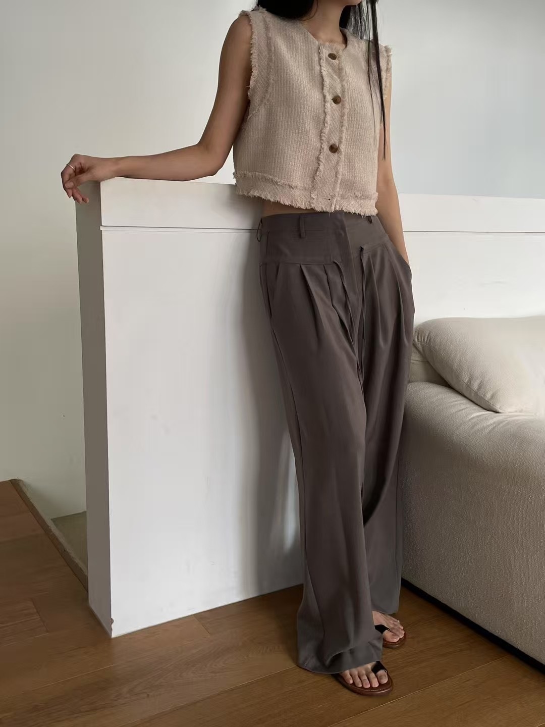 高腰闊腿綁帶西裝褲