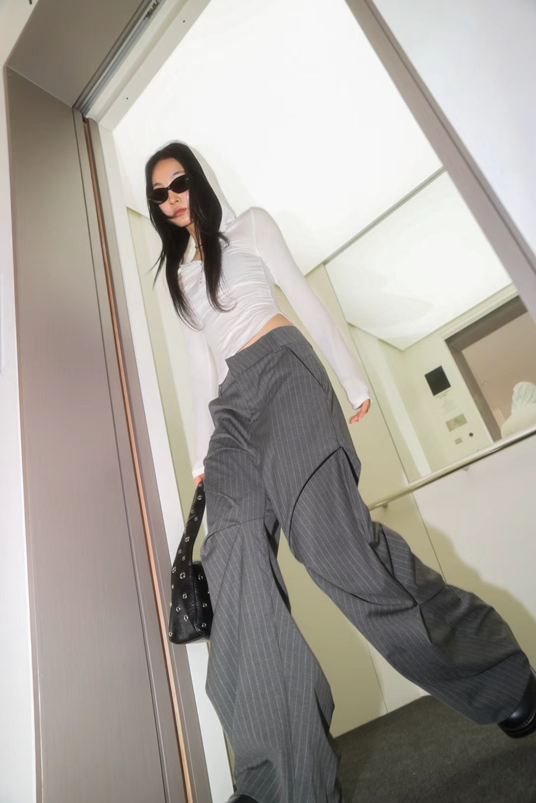 斜紋層次設計條紋寬褲