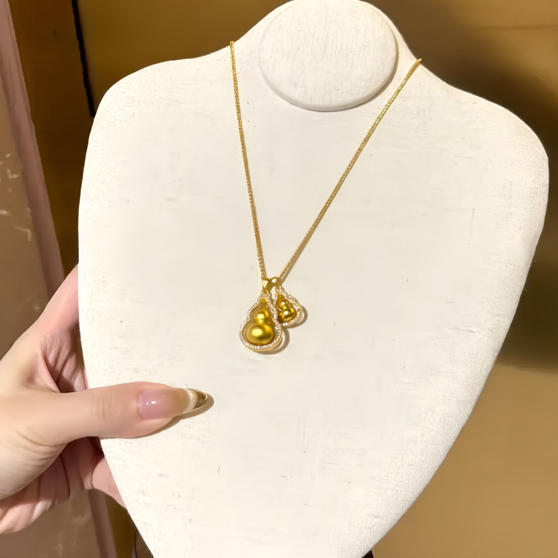 【金輝】可旋轉鑲鑽疊戴葫蘆古法沙金項鍊