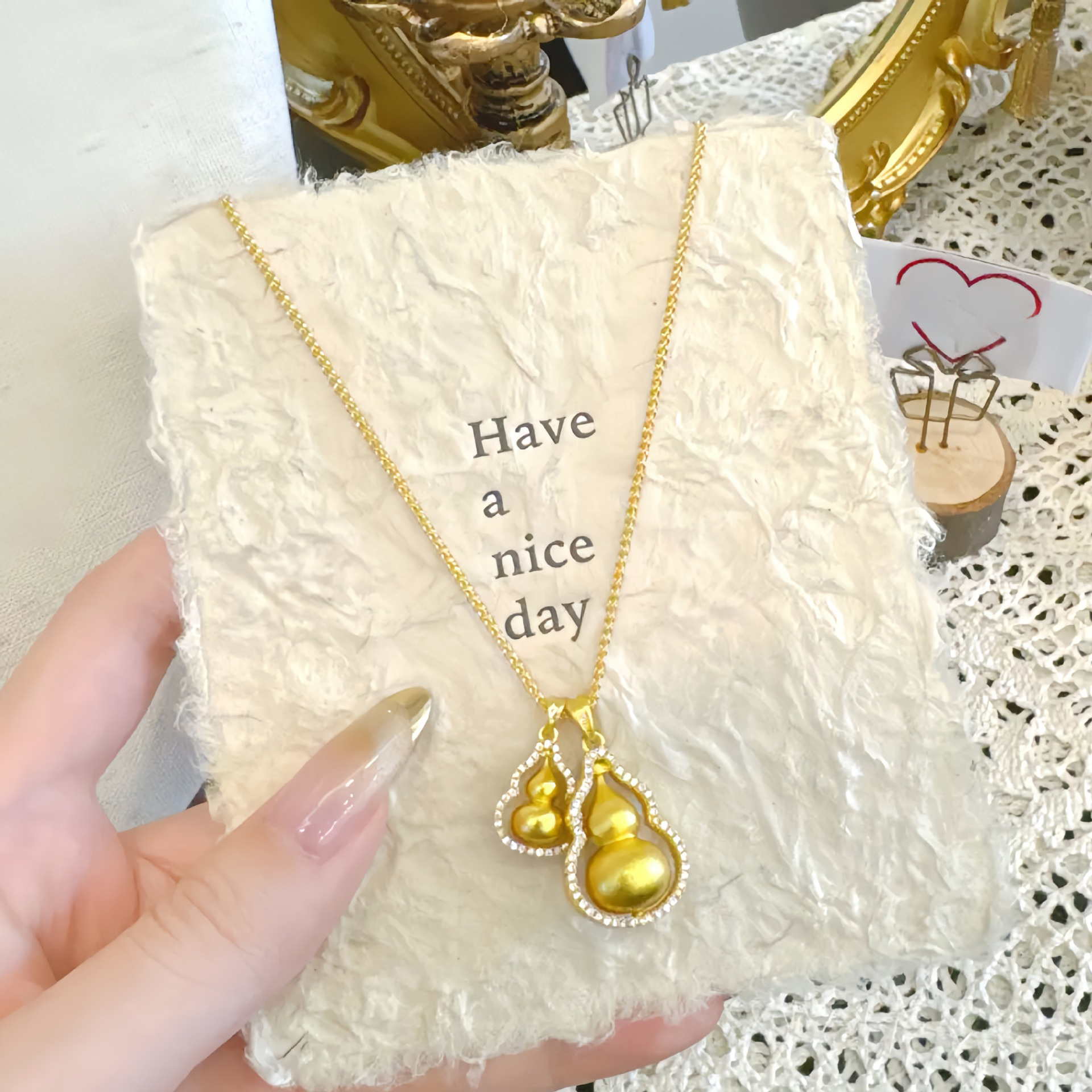 【金輝】可旋轉鑲鑽疊戴葫蘆古法沙金項鍊