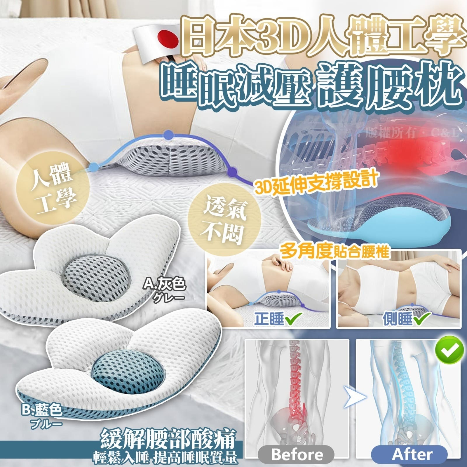 日本3D人體工學睡眠減壓護腰枕