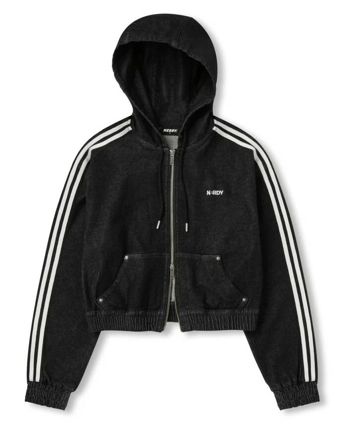 [K] NERDY PNEF24TR0701 W'S DENIM HOODIE TRACK TOP,BLACK, PNEF24TR0701 (KN57)