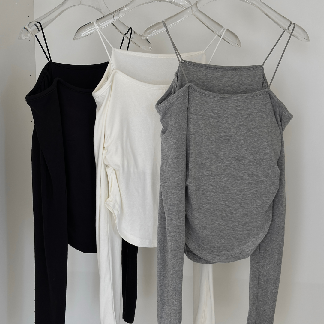 【流量王必入】DOMISS細肩帶露肩長袖帶胸墊上衣 長袖上衣-3色(現貨)