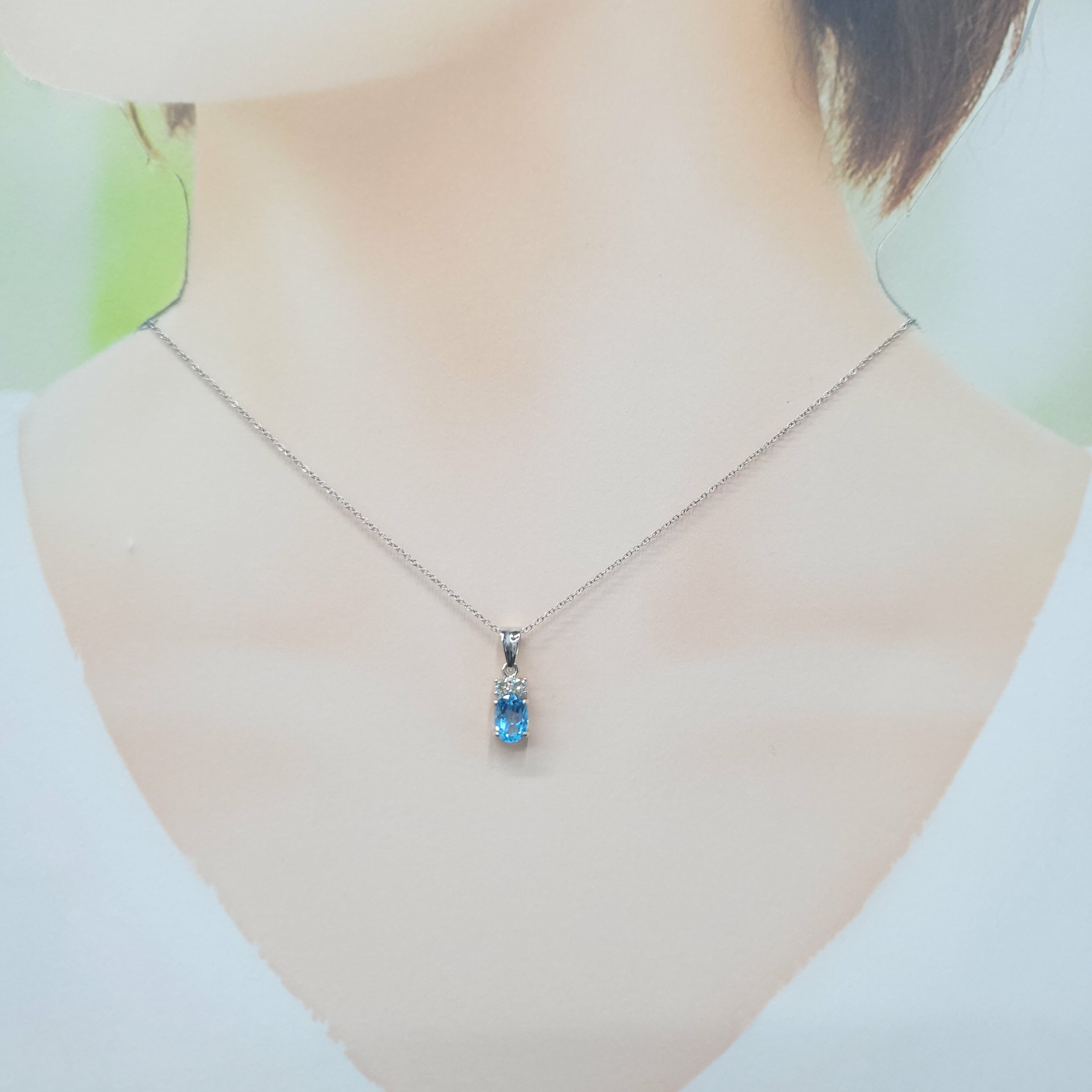 14K White Gold Blue Stone and Diamond Pendant