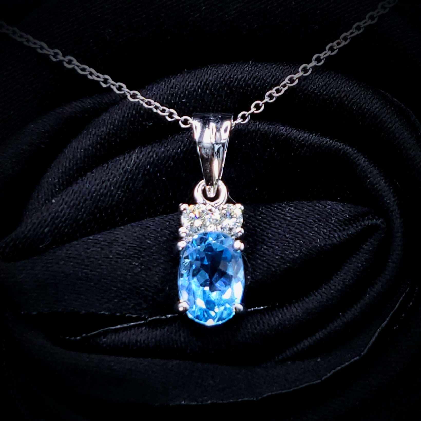 14K White Gold Blue Stone and Diamond Pendant