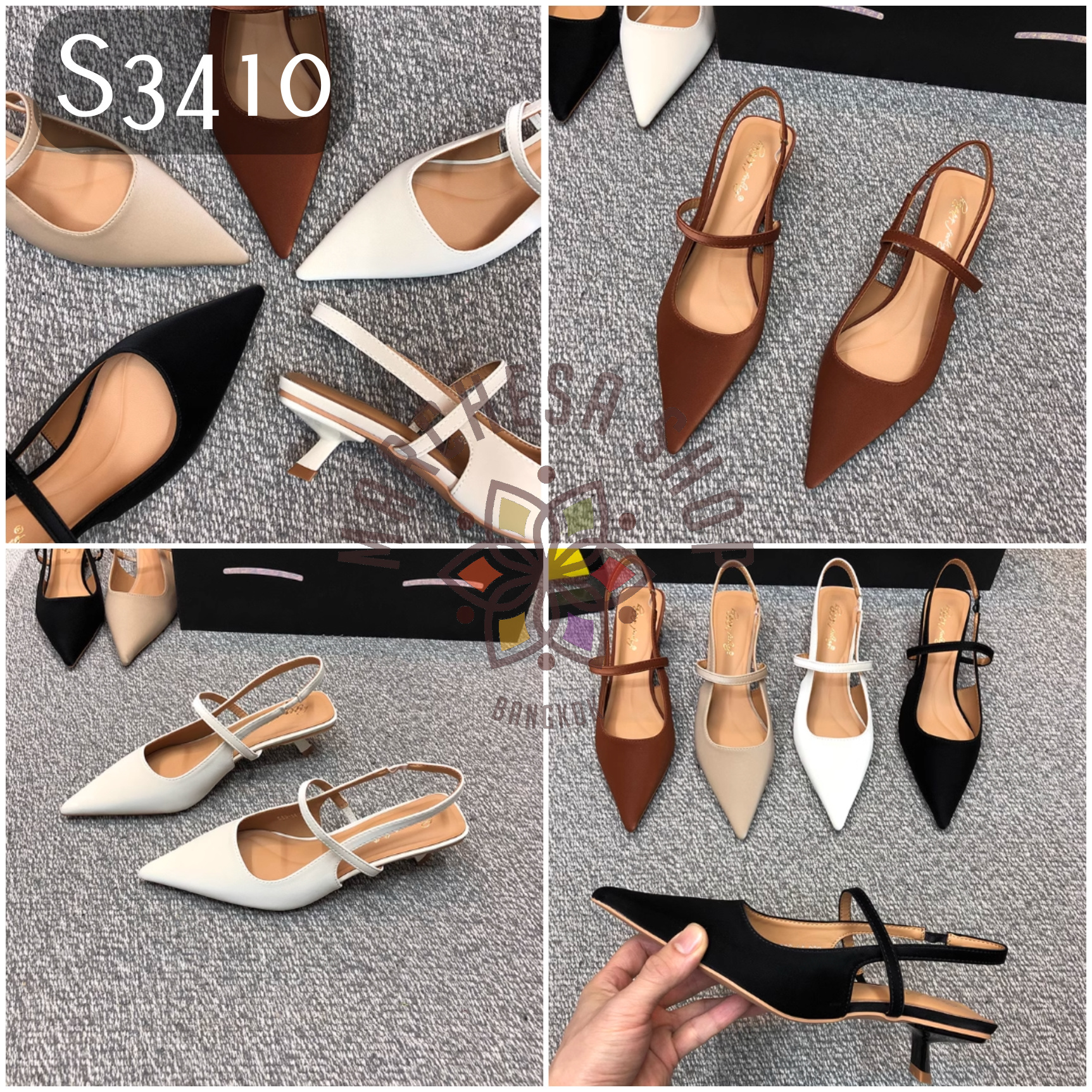 S3410 - 牛皮絲綢一字帶尖頭特色低踭涼鞋 (徧細一碼)