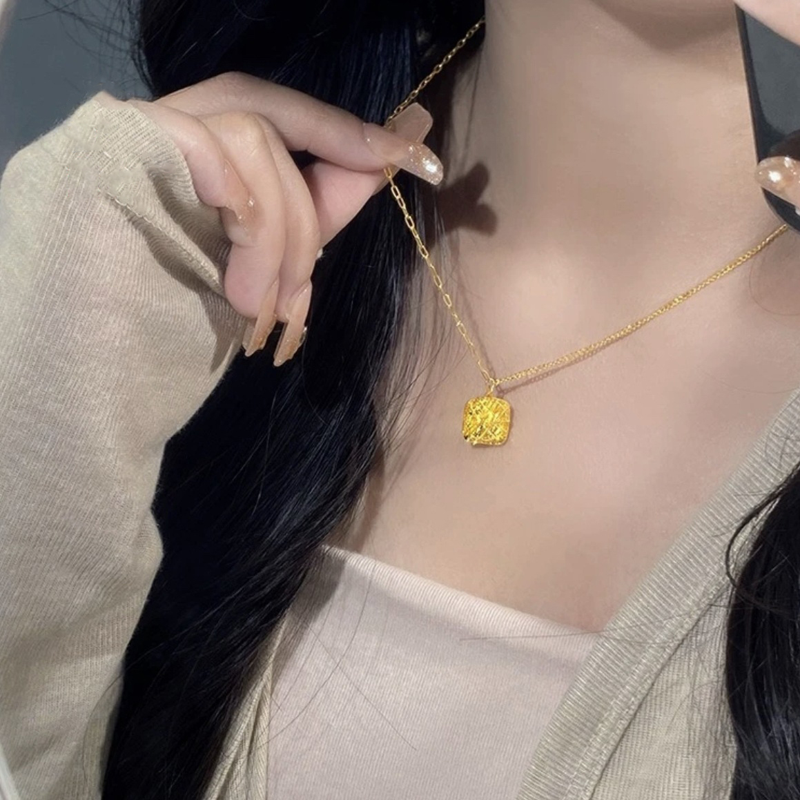 【金輝】拉絲方糖古法金招財項鍊