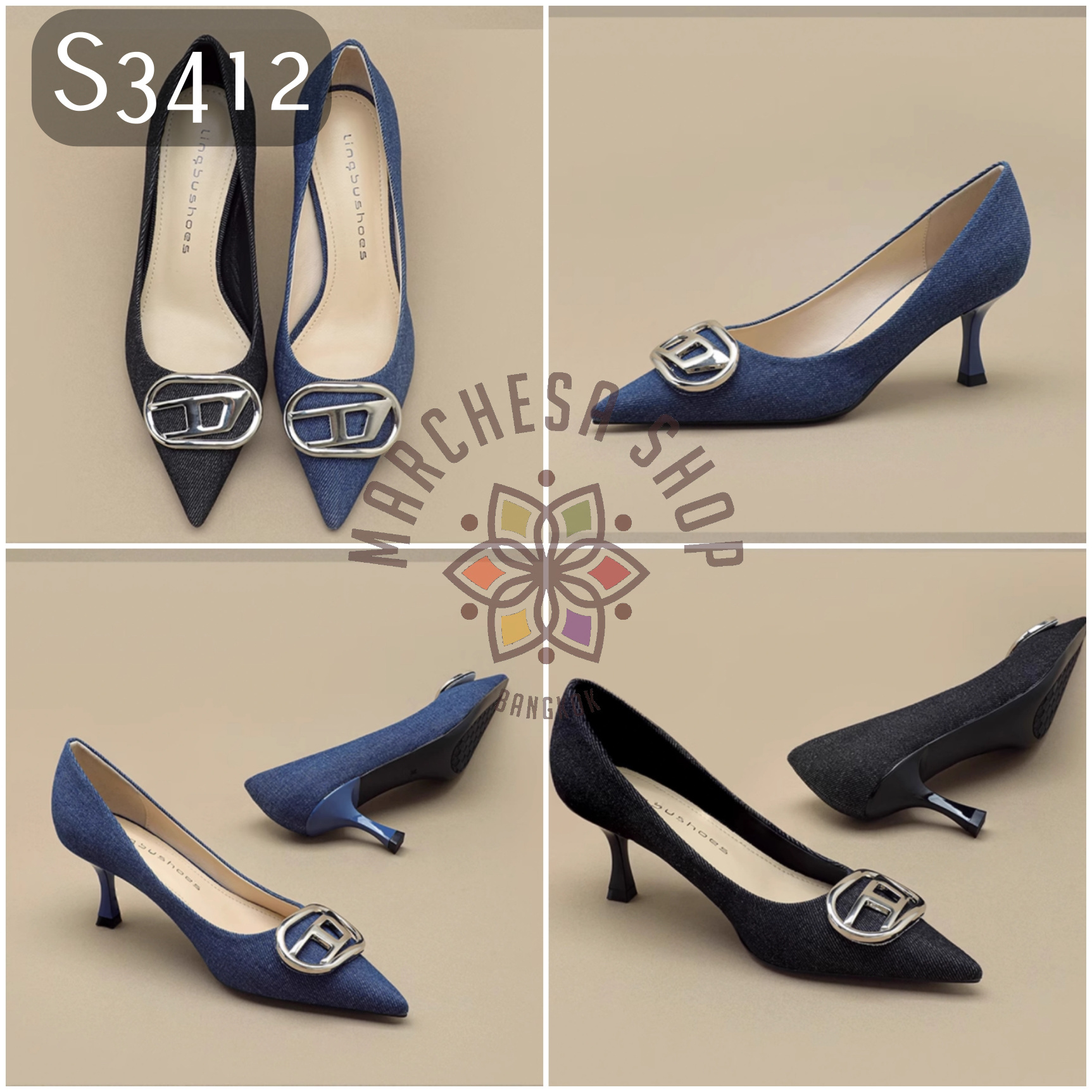S3412 - 羊皮牛仔布銀飾尖頭高踭鞋 (大小呎碼)