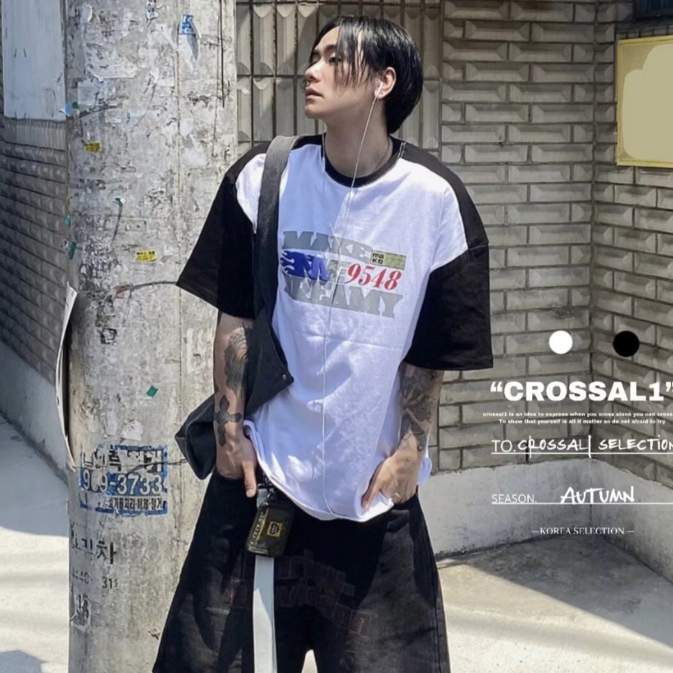 復古拼接插肩賽車短袖