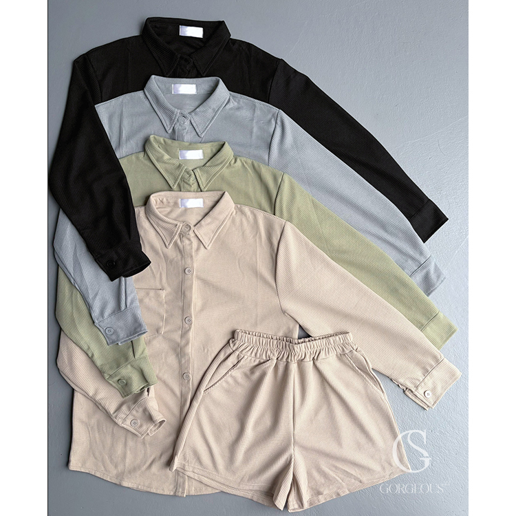 G6591 現貨「華夫格襯衫+短褲套裝組」