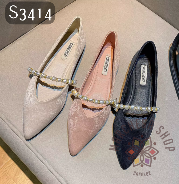 S3414 - 牛皮絲絨水晶珍珠一字帶尖頭平底鞋