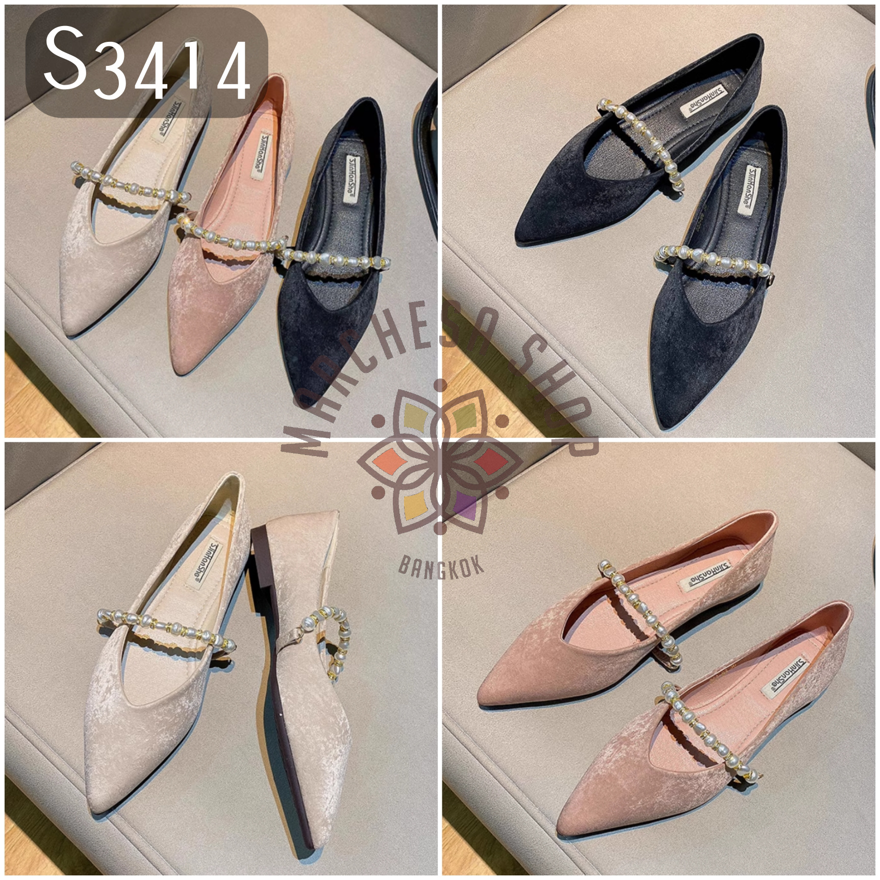 S3414 - 牛皮絲絨水晶珍珠一字帶尖頭平底鞋