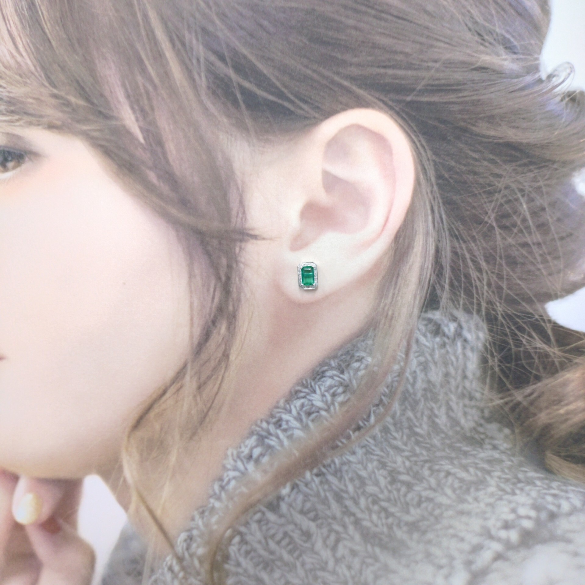 全新18K白金【主石89份綠寶石】配12份鑽石耳環