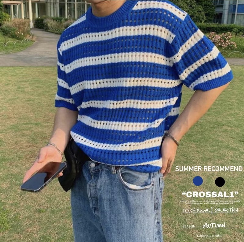 洞洞條紋針織短袖