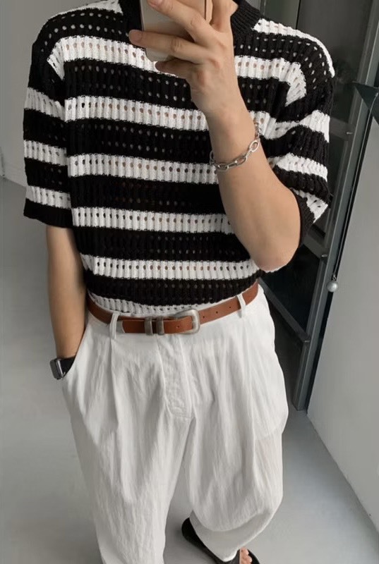 洞洞條紋針織短袖