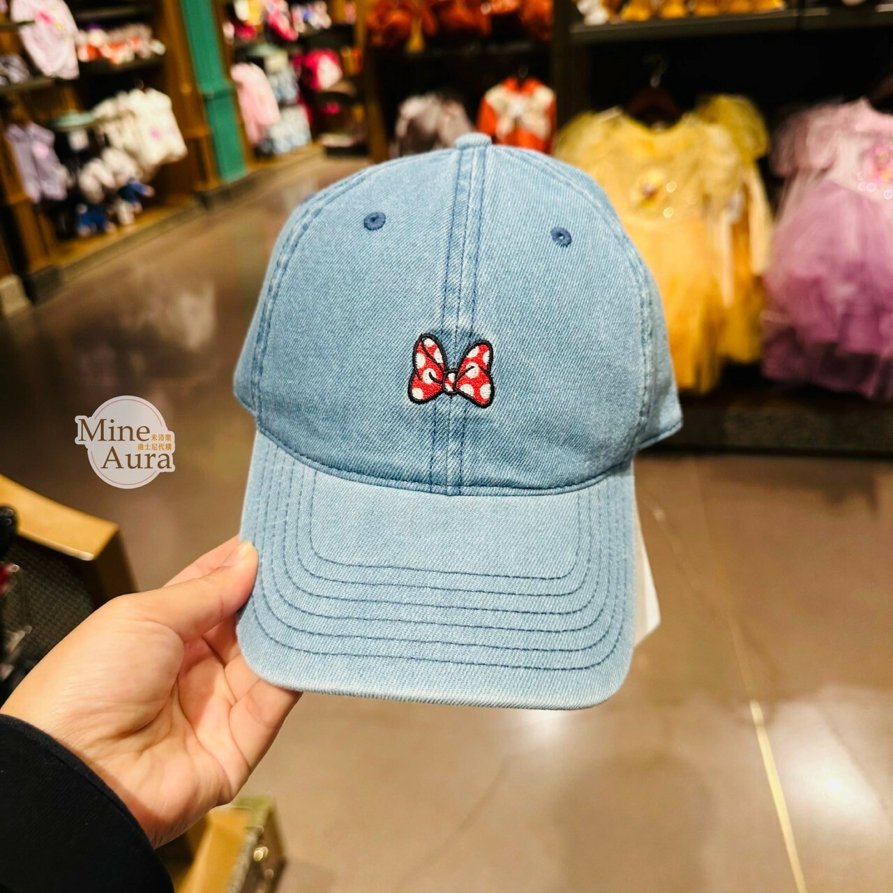 米妮 Minnie 蝴蝶結 刺繡圖案 牛仔色 棒球帽 帽子 -上海迪士尼樂園