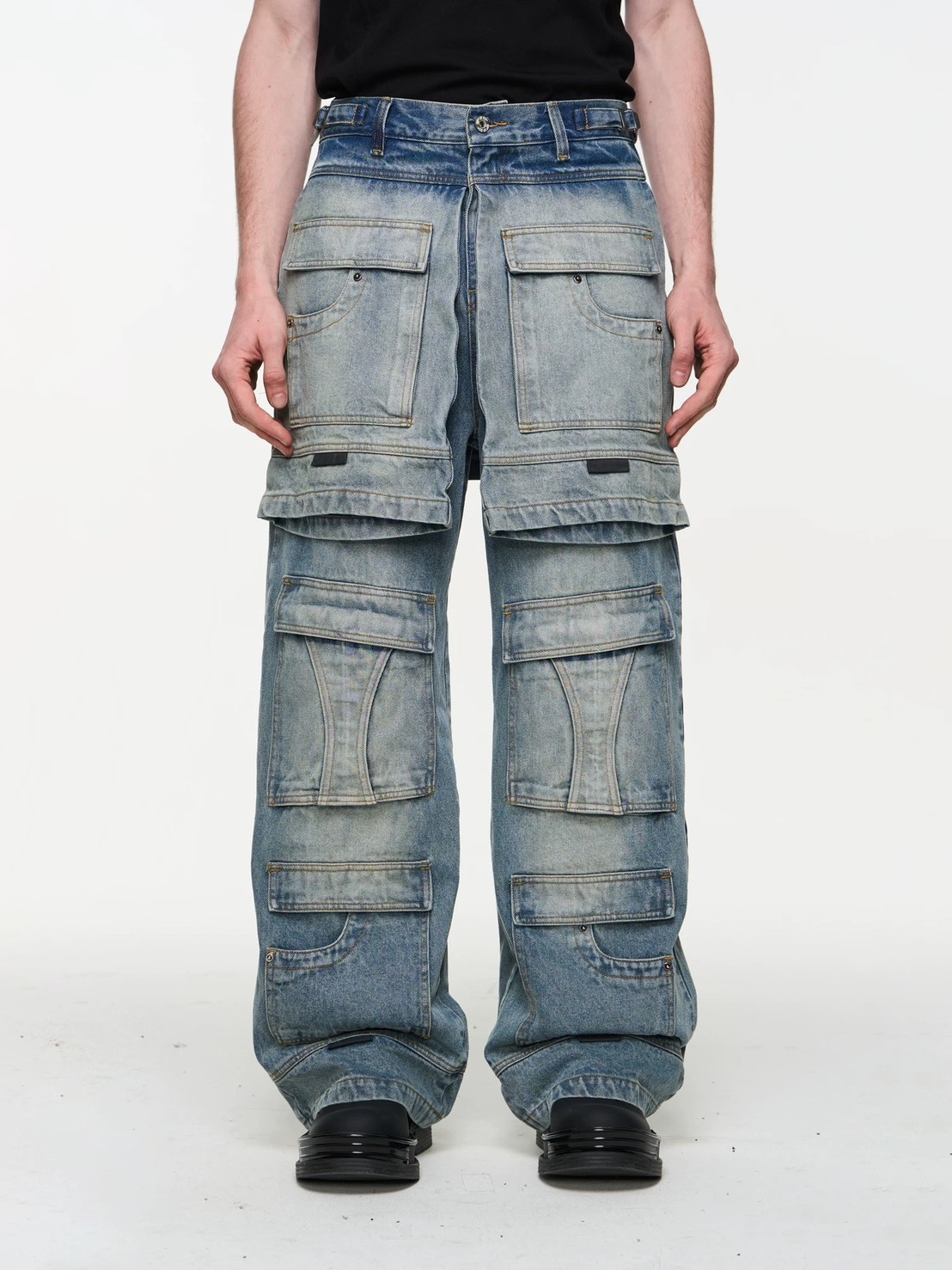 BLINDNOPLAN  多層次假兩件 工裝水洗 牛仔褲