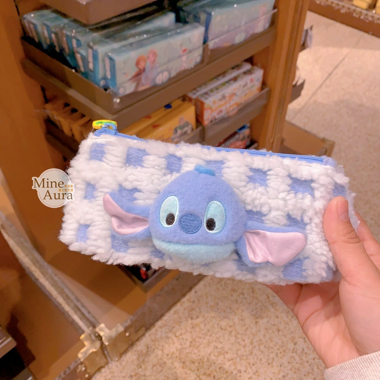 史迪奇 Stitch 大頭 格紋 絨毛造型 筆袋 收納袋 星際寶貝 Lilo & Stitch -上海迪士尼樂園