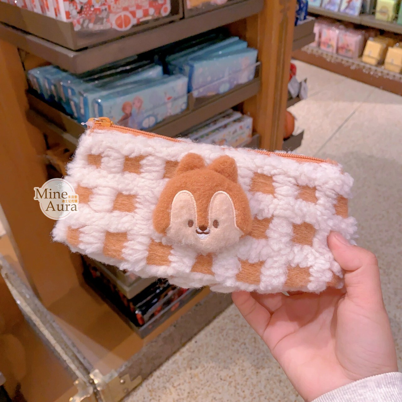 黑鼻 奇奇 Chip 大頭 格紋 絨毛造型 筆袋 收納袋 奇奇蒂蒂 Chip 'n Dale -上海迪士尼樂園