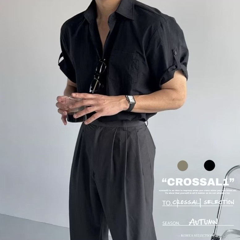 自帶捲扣子素面亞麻短袖