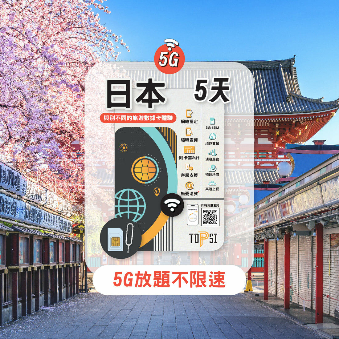 Topsi【日本】5G Docomo 無限不降速 上網卡