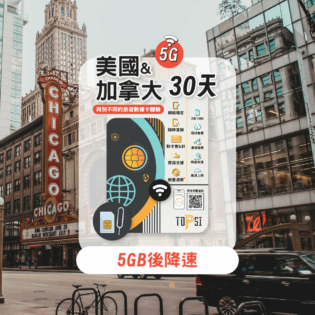 Topsi 【美國／加拿大】 5G 無限數據卡｜30日