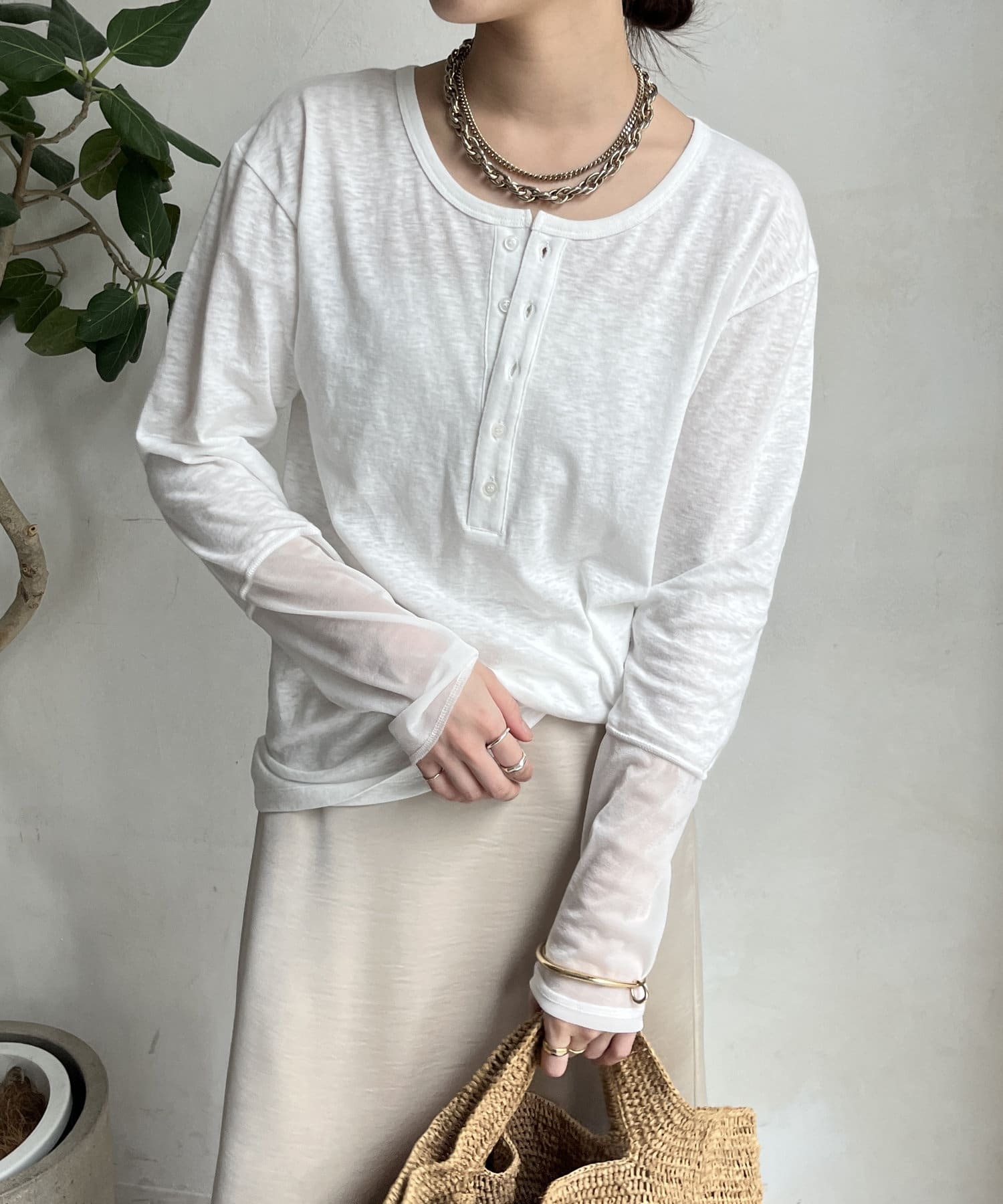 DOUDOU(ドゥドゥ)  袖シアー切替ヘンリー白（DDZ1051206A0023）