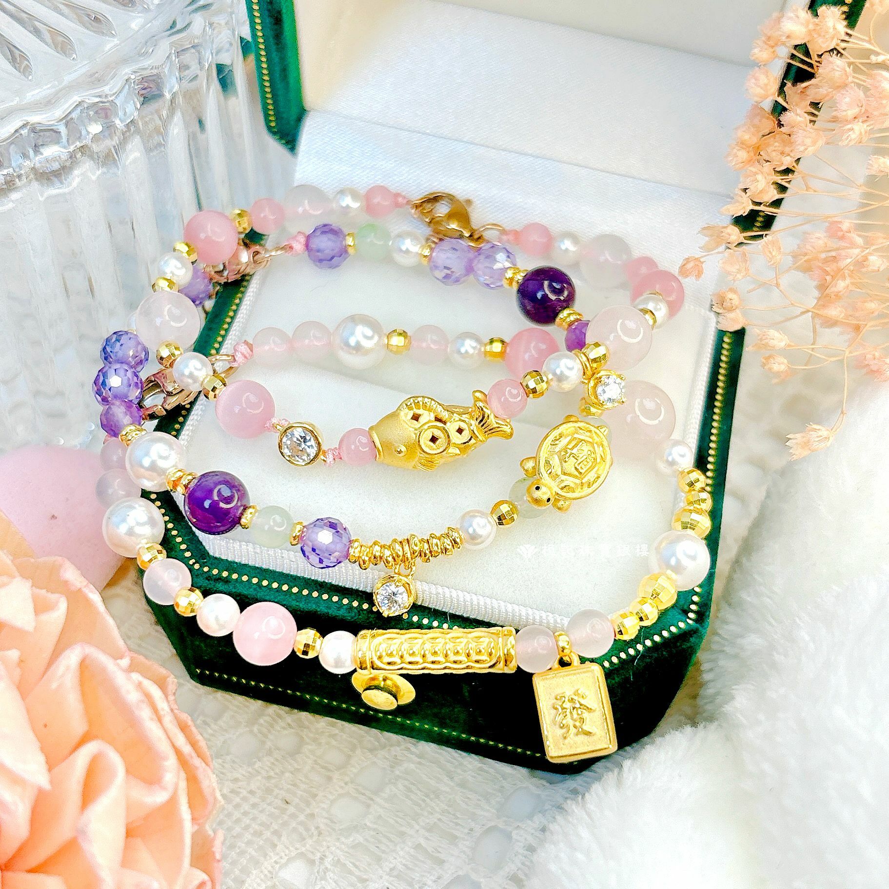 麻上發財金五錢/金錢龜/招財魚 寶石編織金手鍊