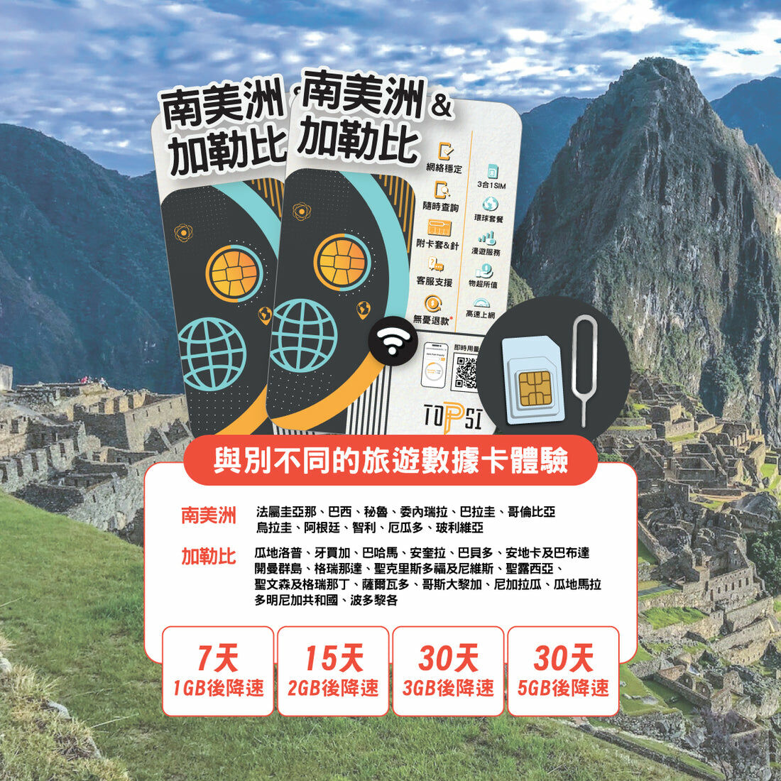 Topsi【南美11國 / 加勒比17國】4G 無限數據卡