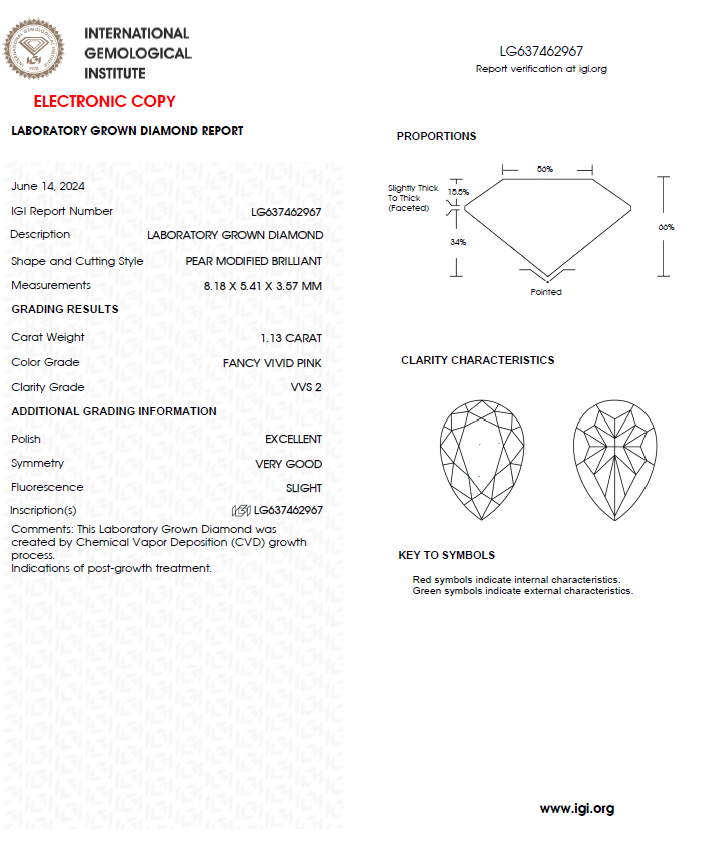 IGI 培育粉紅鑽石 1.13 F.V.P VVS2 EX VG SLIGHT