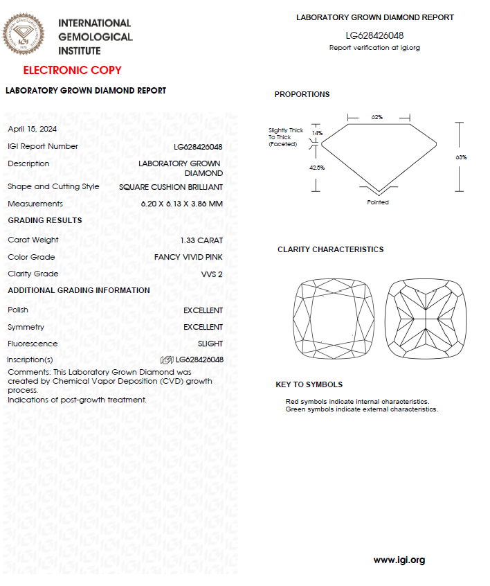 IGI 培育粉紅鑽石 1.33 F.V.P VVS2 EX EX NONE