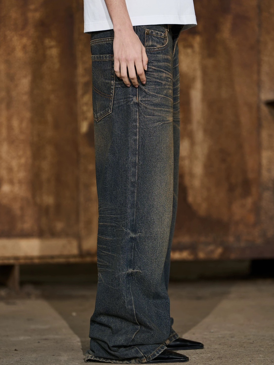 BLINDNOPLAN  黃色泥染 皺摺 做舊 直筒牛仔褲