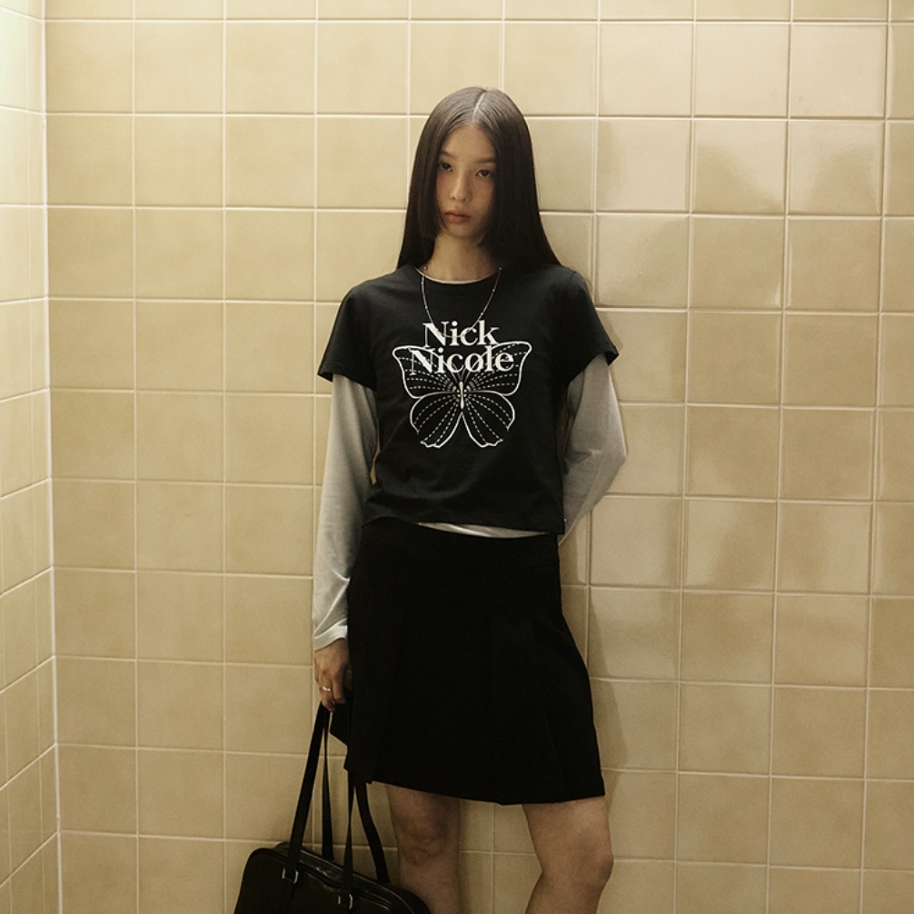韓國 NICK NICOLE 蝴蝶 短版 短袖 女生 /預購