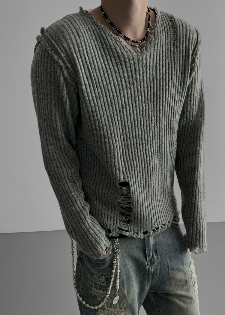 朋克損傷V領針織衫