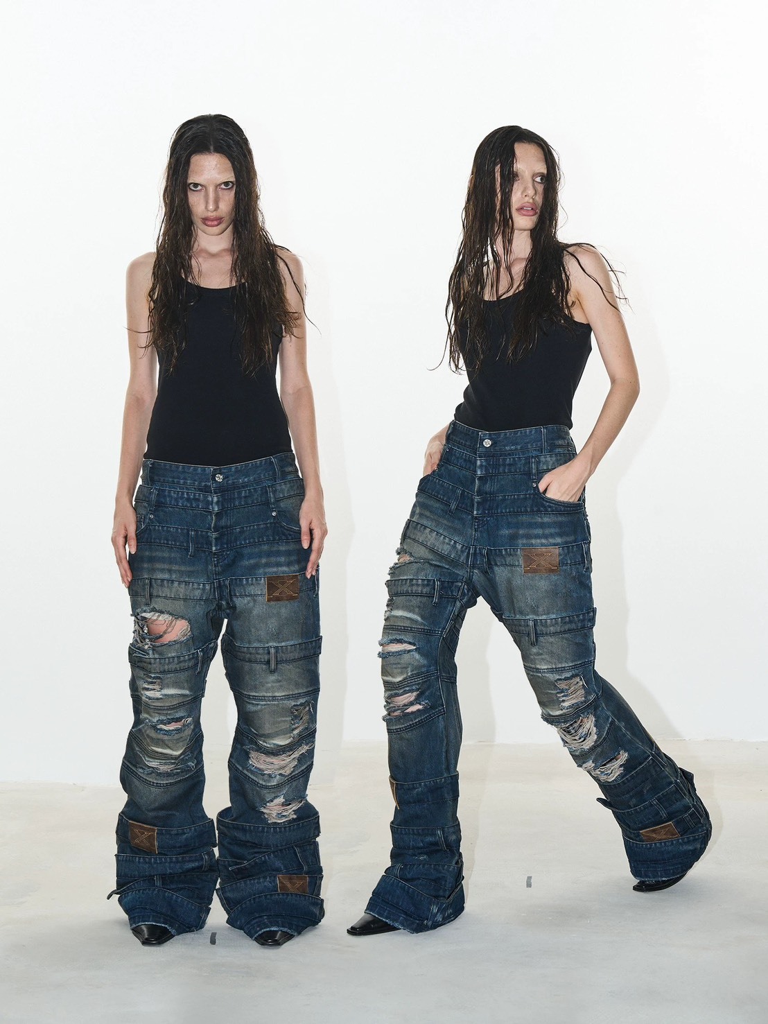 BLINDNOPLAN  多褲頭 拼接做舊 水洗泥染牛仔褲