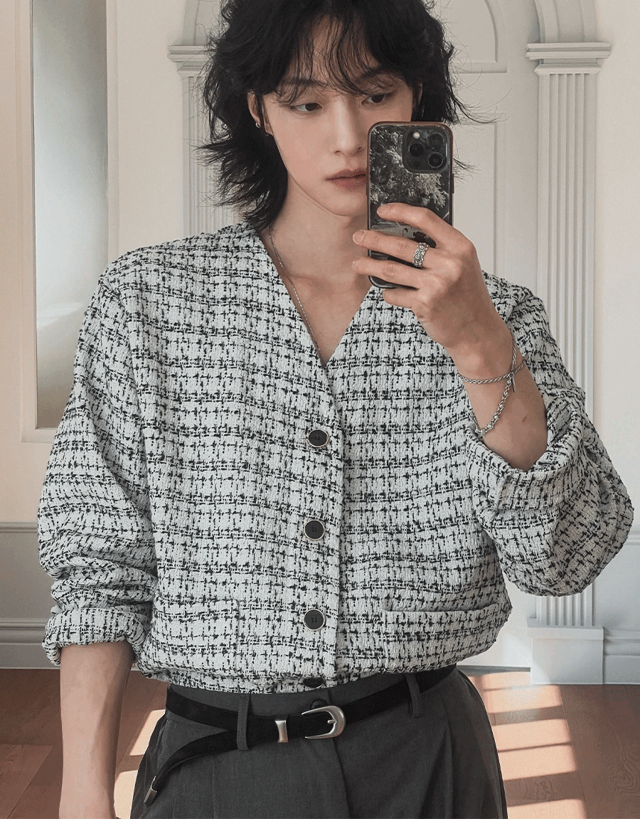 粗花呢小香V領開襟衫