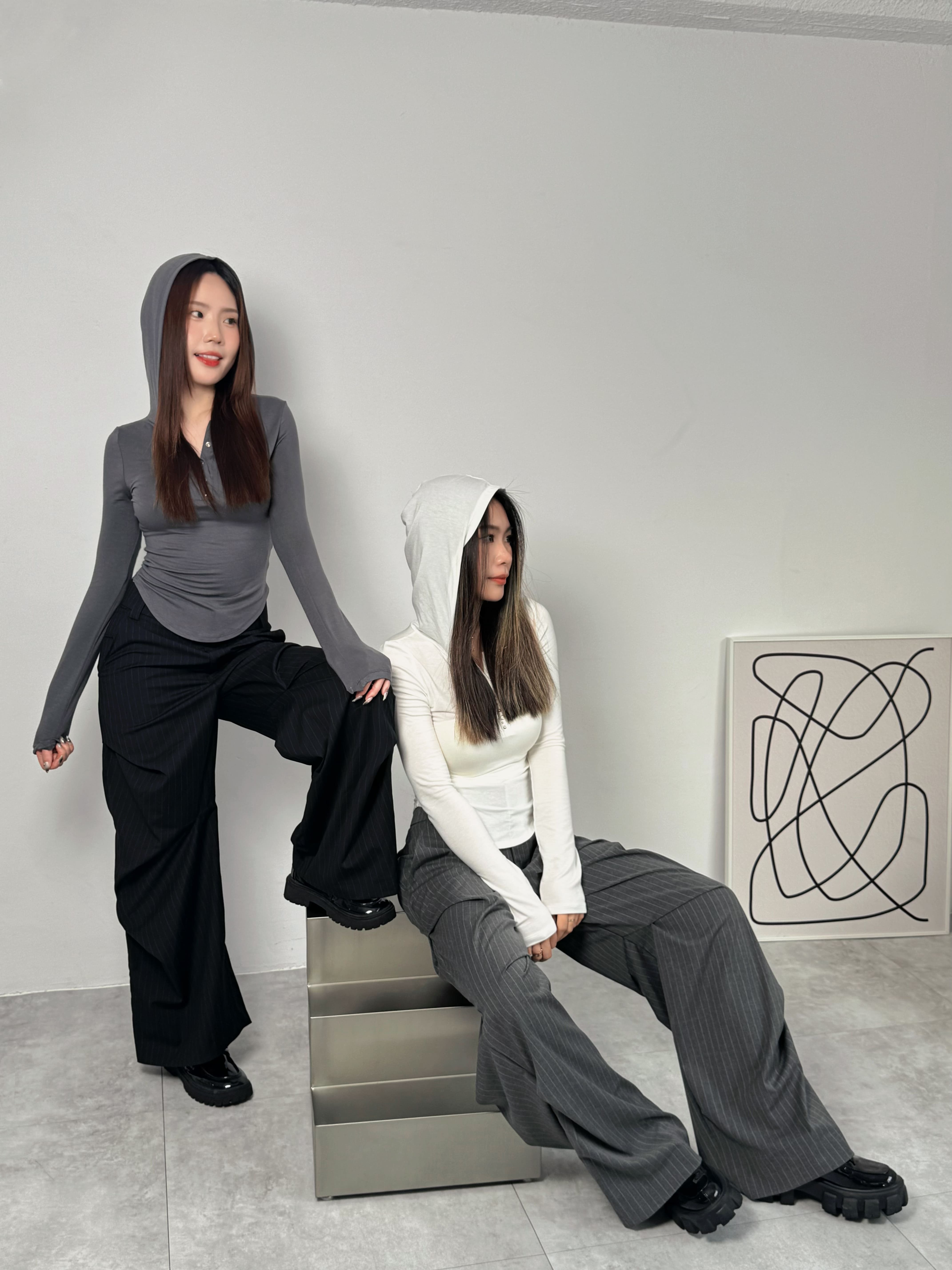 斜紋層次設計條紋寬褲