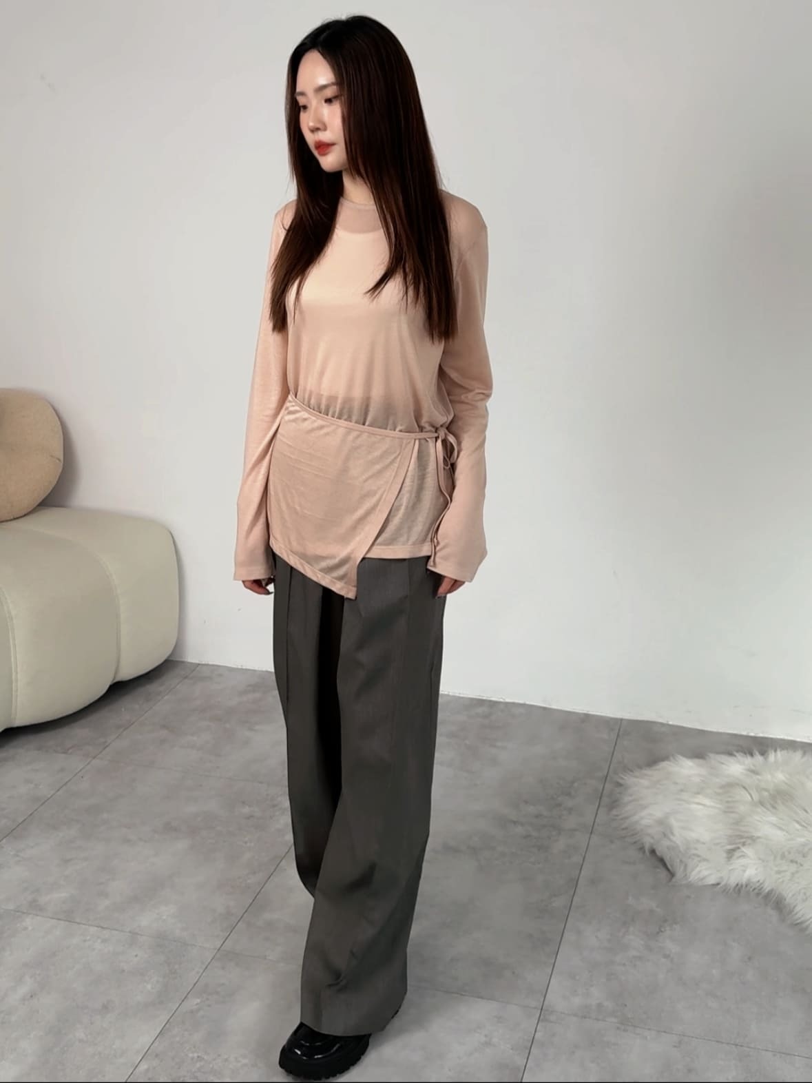 側綁帶層次柔滑長袖上衣