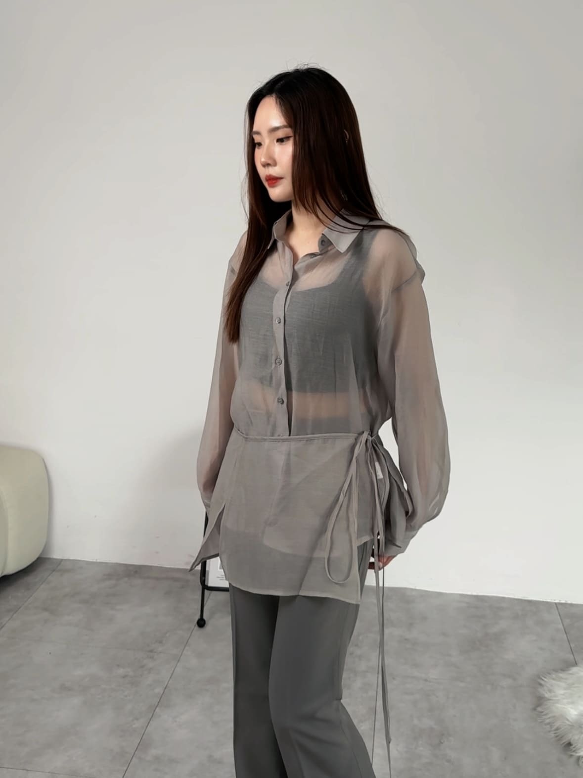 側綁帶輕紗感襯衫